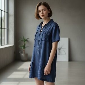 Equipment Navy 100% Linen Cargo Dress Tie Front Utility Pockets